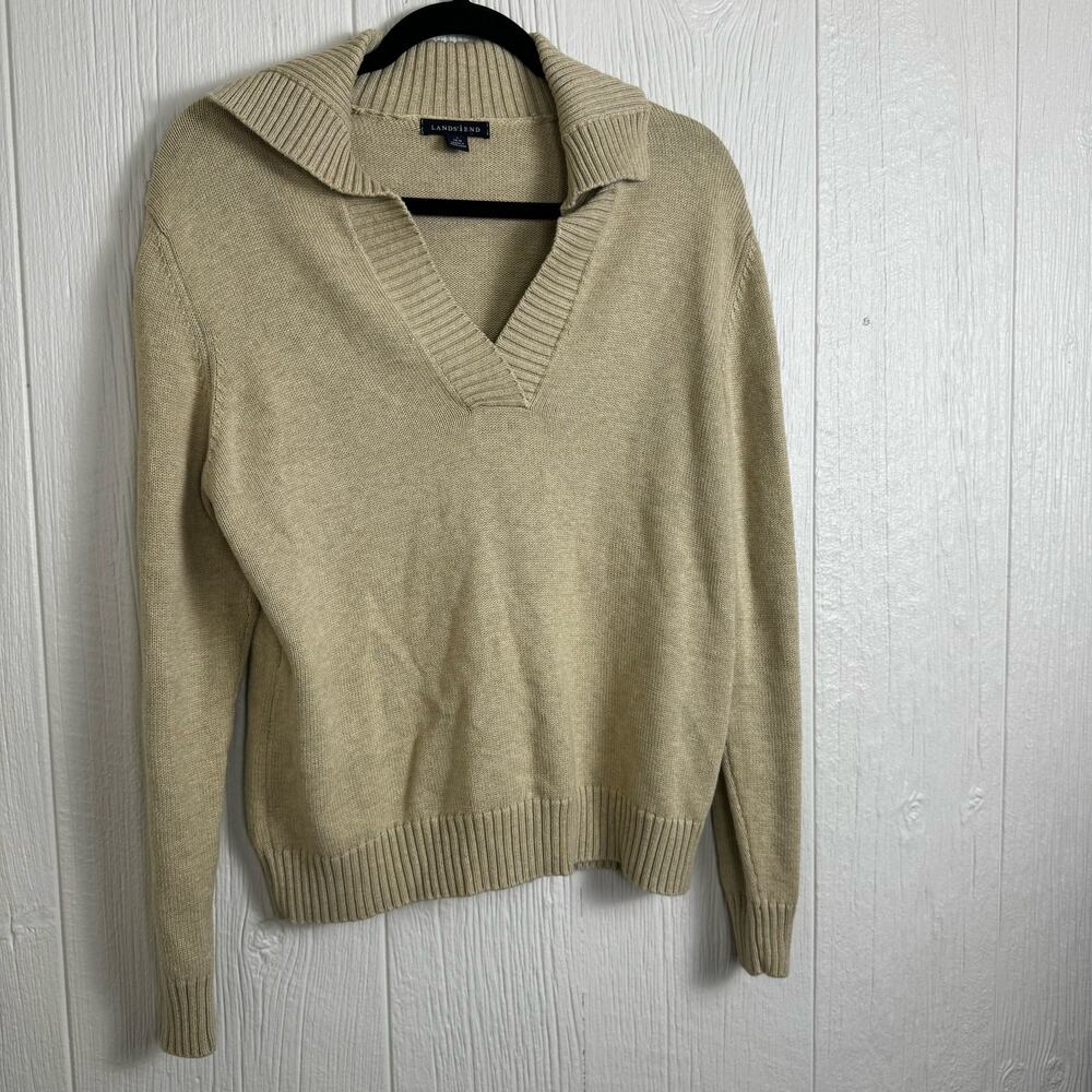 Lands' End Collared V-Neck Sweater Tan Youth Large 14-16 Preppy 100% Cotton - Picture 7 of 8